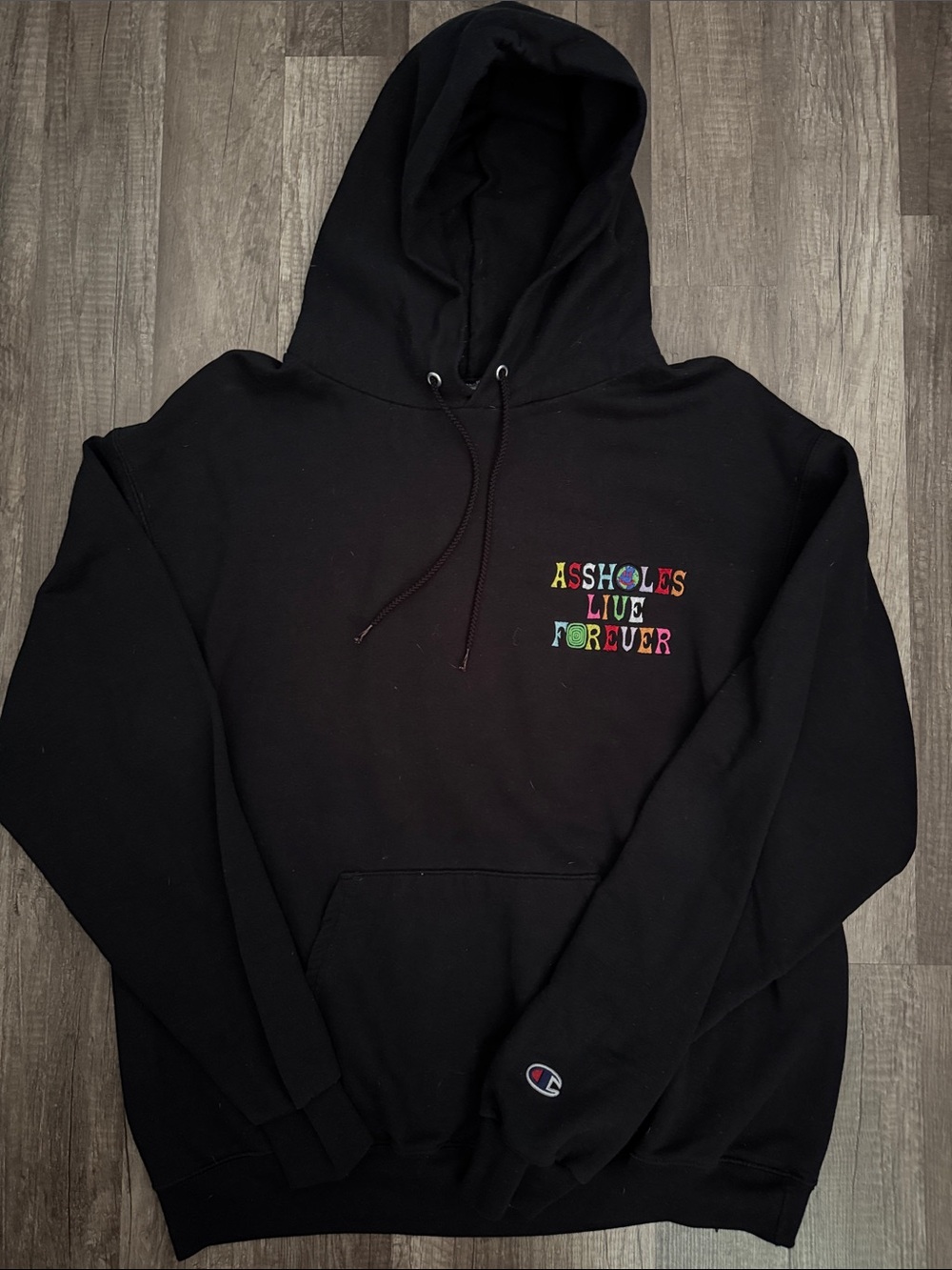 Champion Hoodie: “Assholes love forever.”